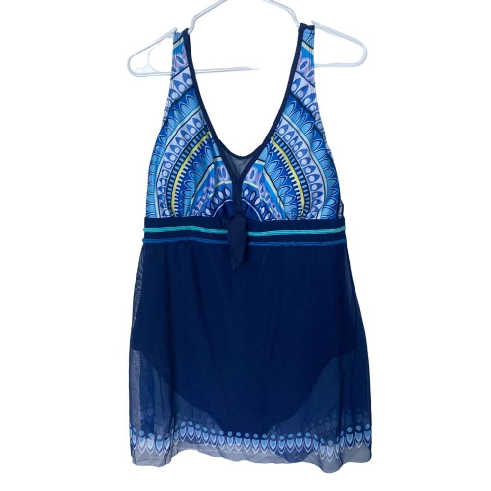 Navy Blue Swimsuit with Sheer Overlay - Size 2X (XXL)